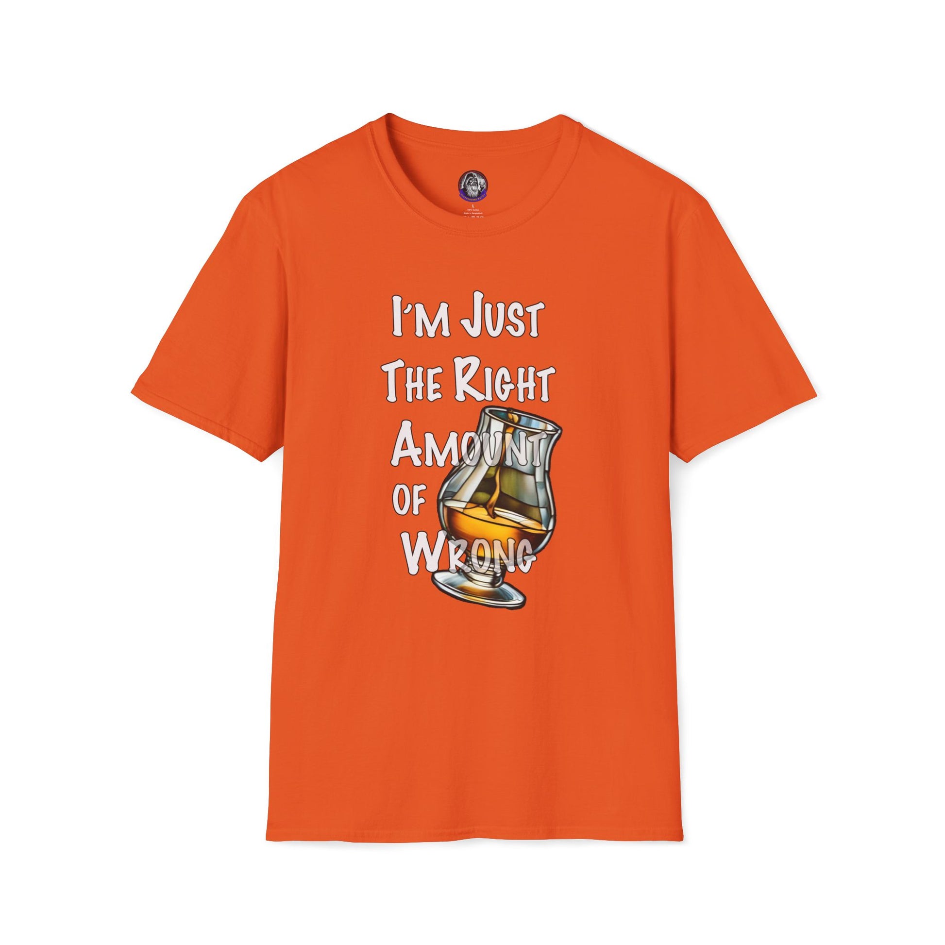 Whiskey Lovers Unisex T-Shirt with 'I'm Just the Right Amount of Wrong' Design
