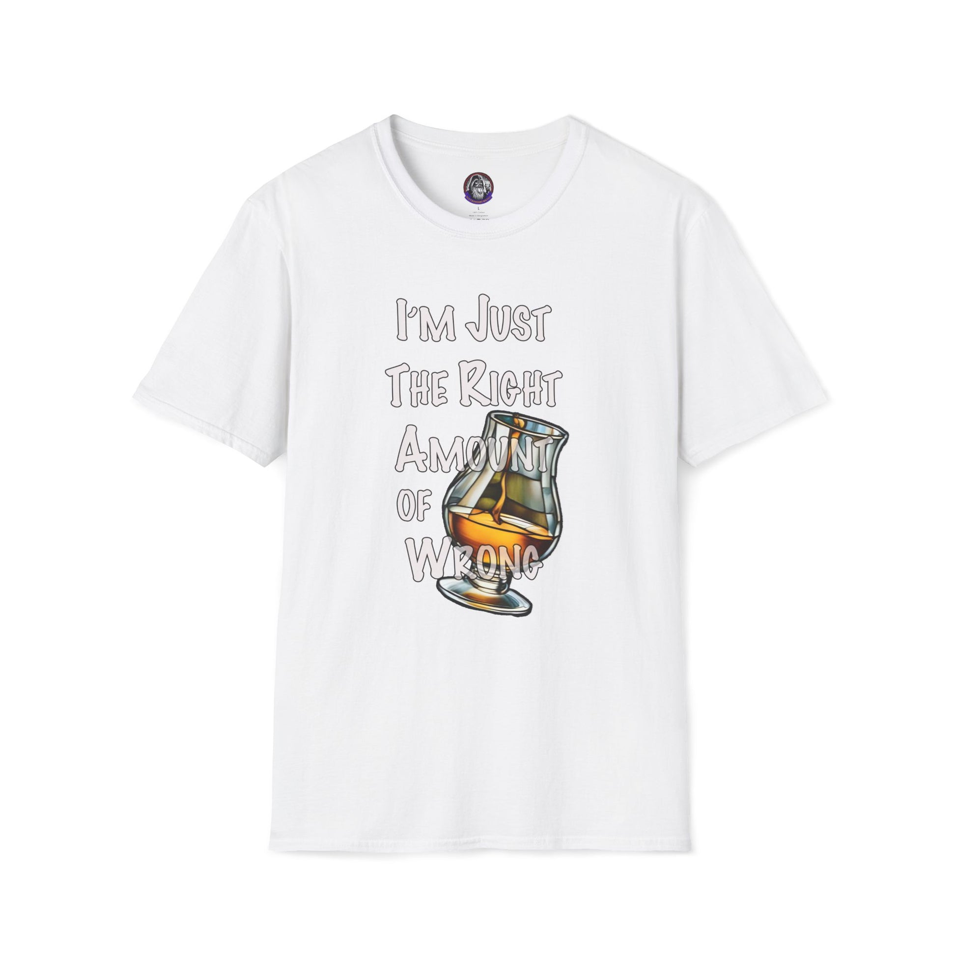 Whiskey Lovers Unisex T-Shirt with 'I'm Just the Right Amount of Wrong' Design