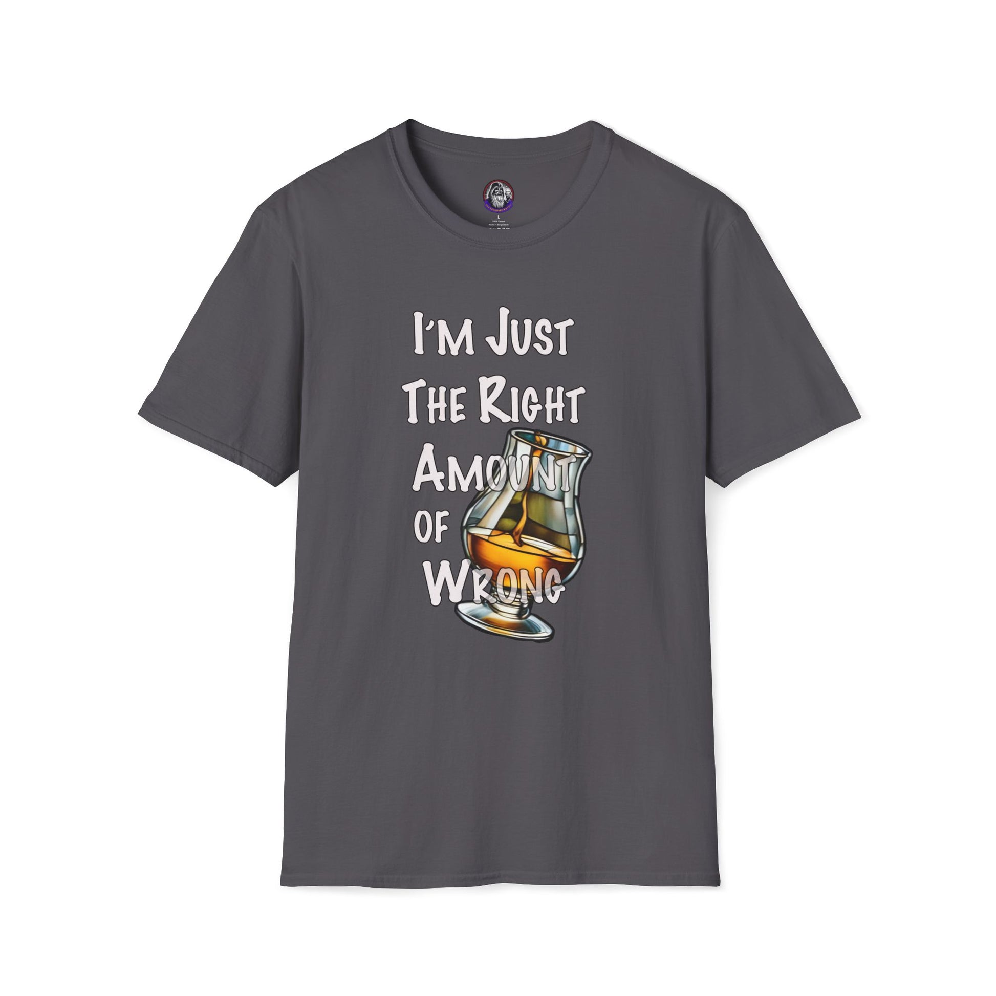 Whiskey Lovers Unisex T-Shirt with 'I'm Just the Right Amount of Wrong' Design