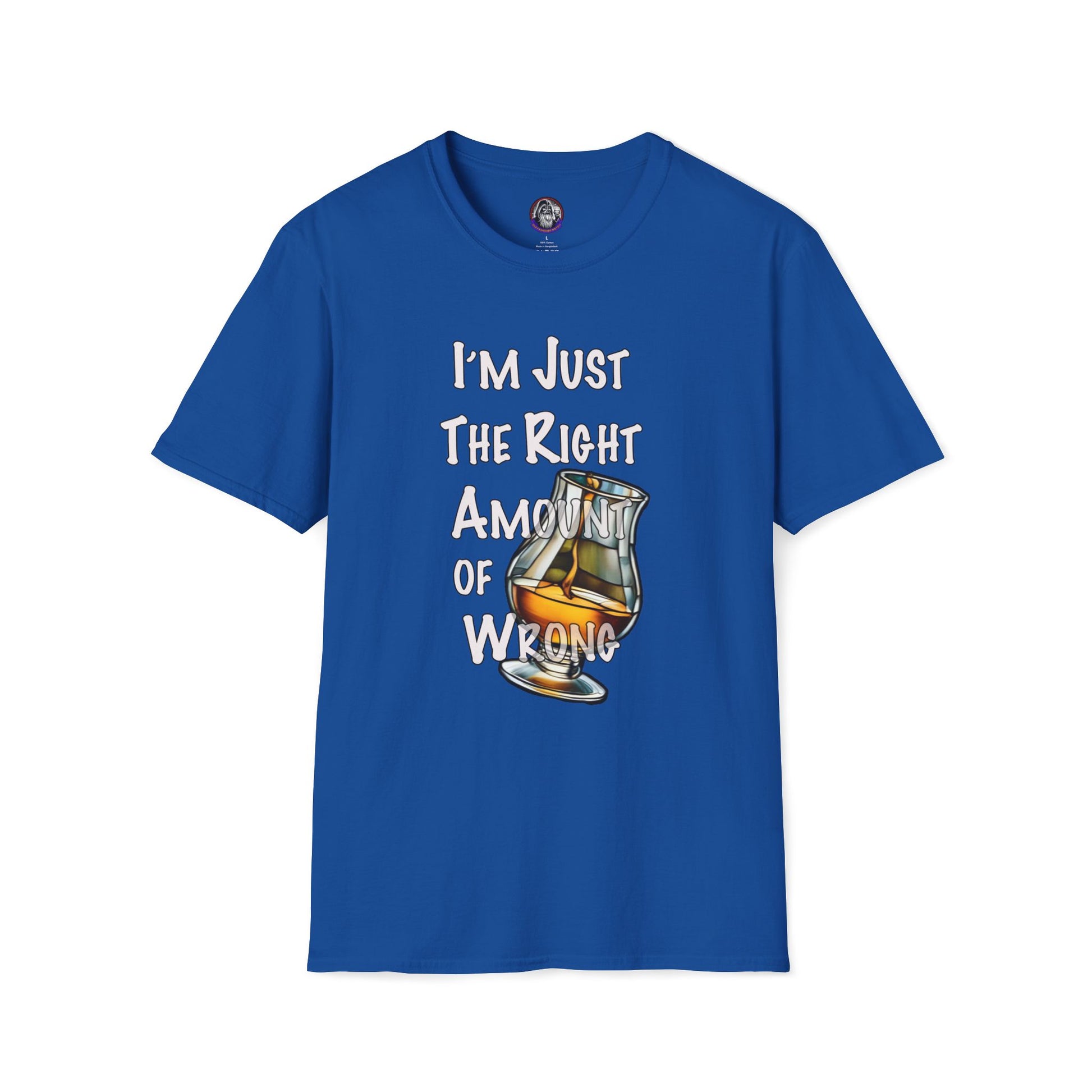 Whiskey Lovers Unisex T-Shirt with 'I'm Just the Right Amount of Wrong' Design