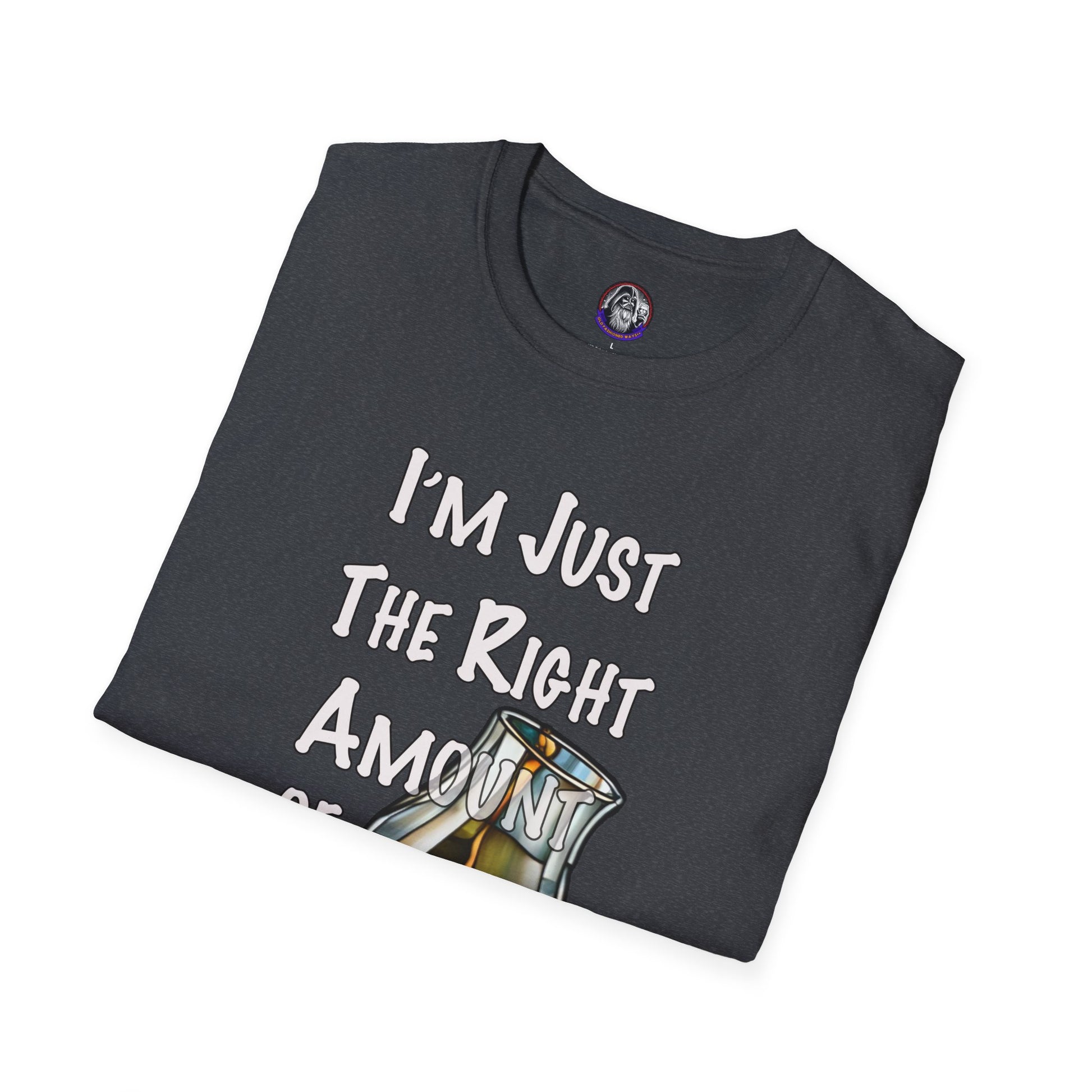 Whiskey Lovers Unisex T-Shirt with 'I'm Just the Right Amount of Wrong' Design