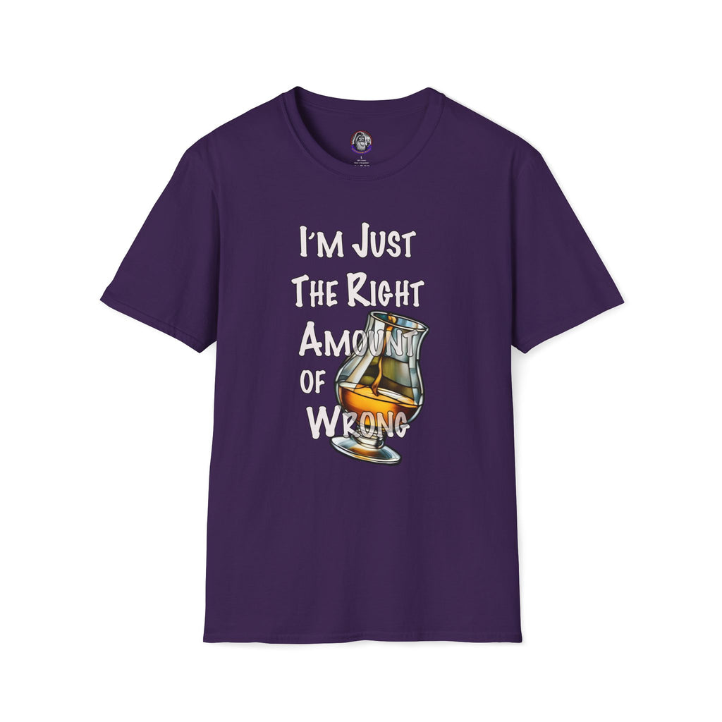Whiskey Lovers Unisex T-Shirt with 'I'm Just the Right Amount of Wrong' Design