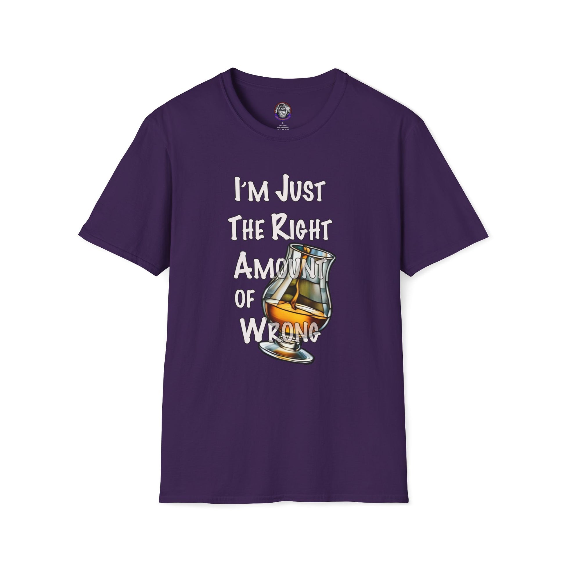 Whiskey Lovers Unisex T-Shirt with 'I'm Just the Right Amount of Wrong' Design