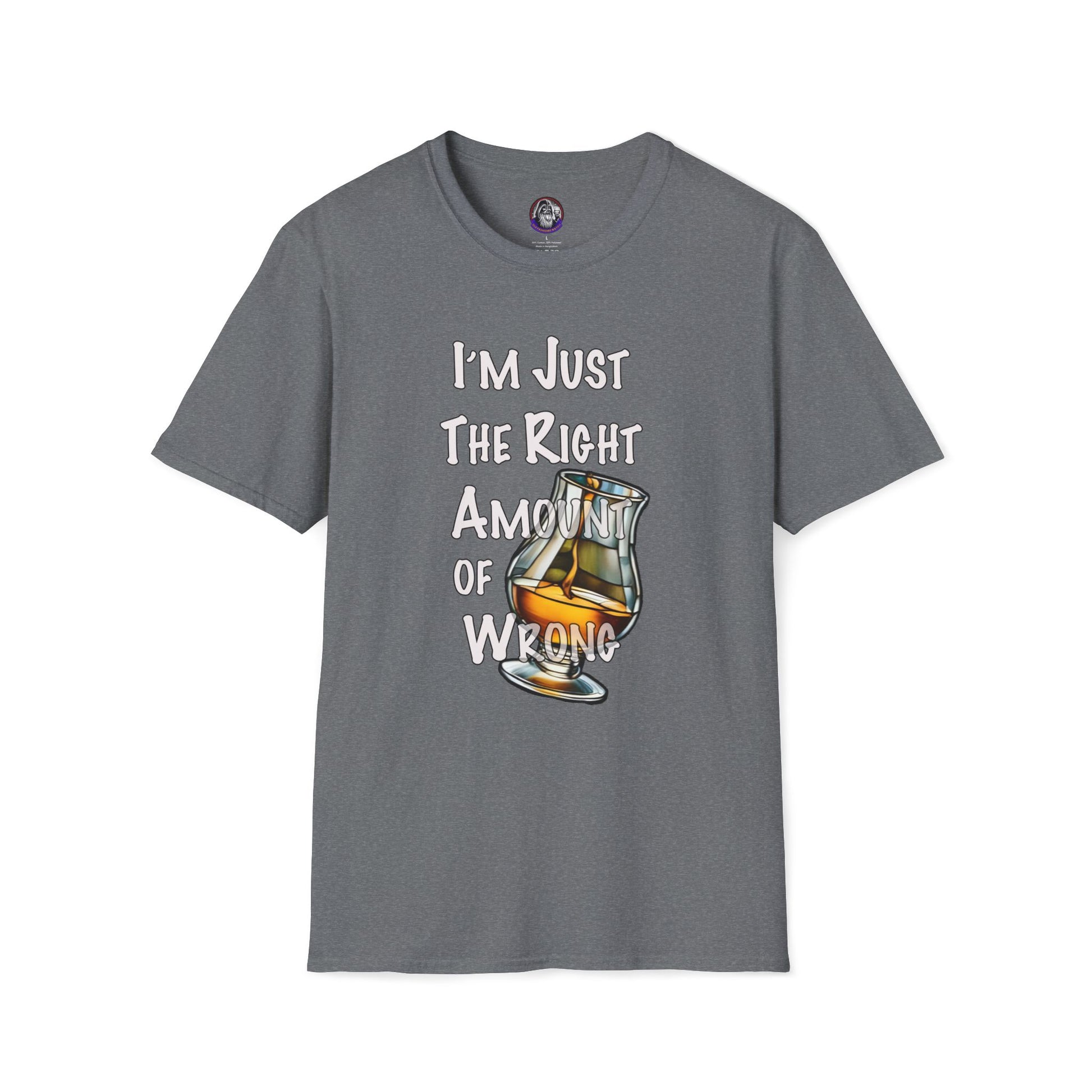 Whiskey Lovers Unisex T-Shirt with 'I'm Just the Right Amount of Wrong' Design