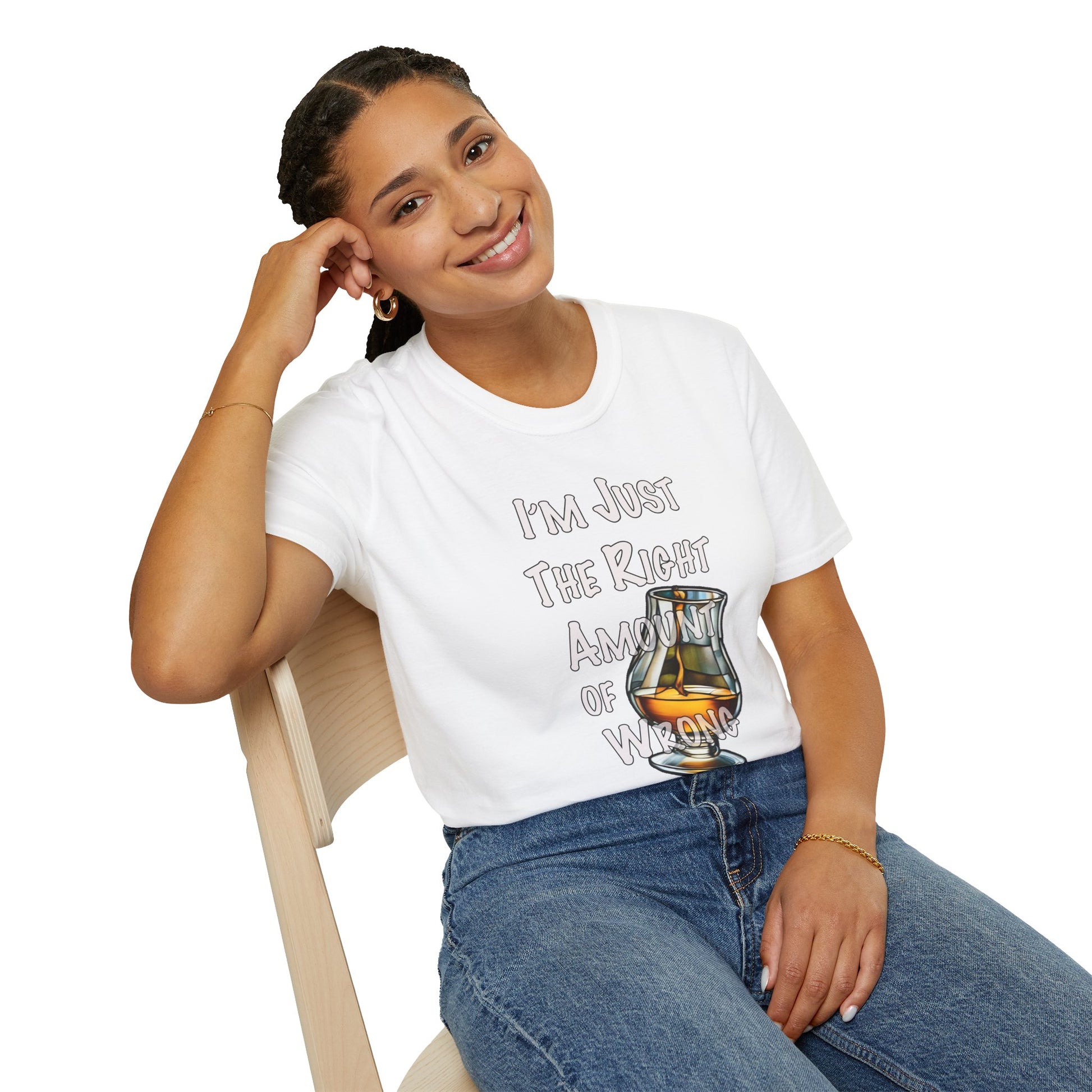 Whiskey Lovers Unisex T-Shirt with 'I'm Just the Right Amount of Wrong' Design