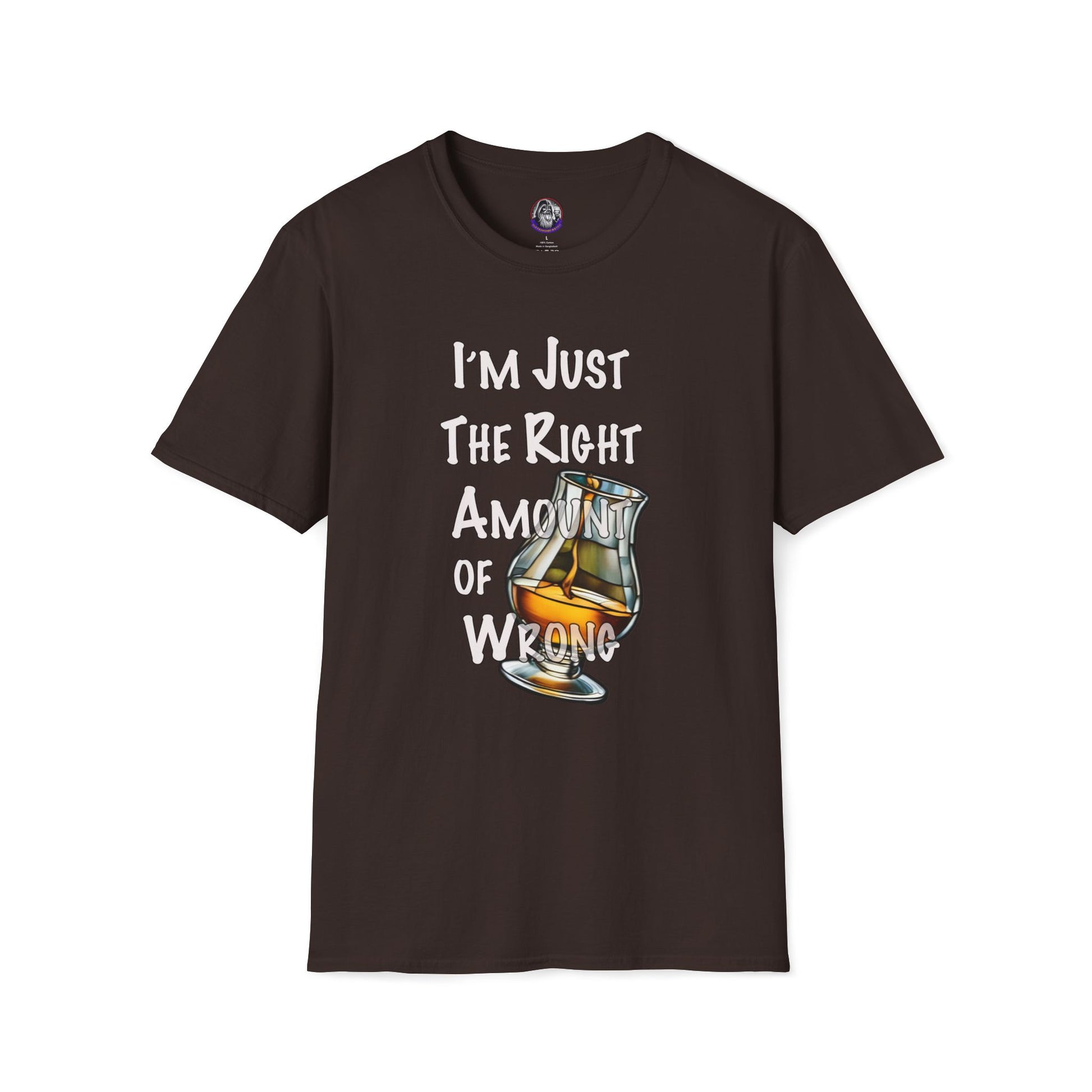 Whiskey Lovers Unisex T-Shirt with 'I'm Just the Right Amount of Wrong' Design