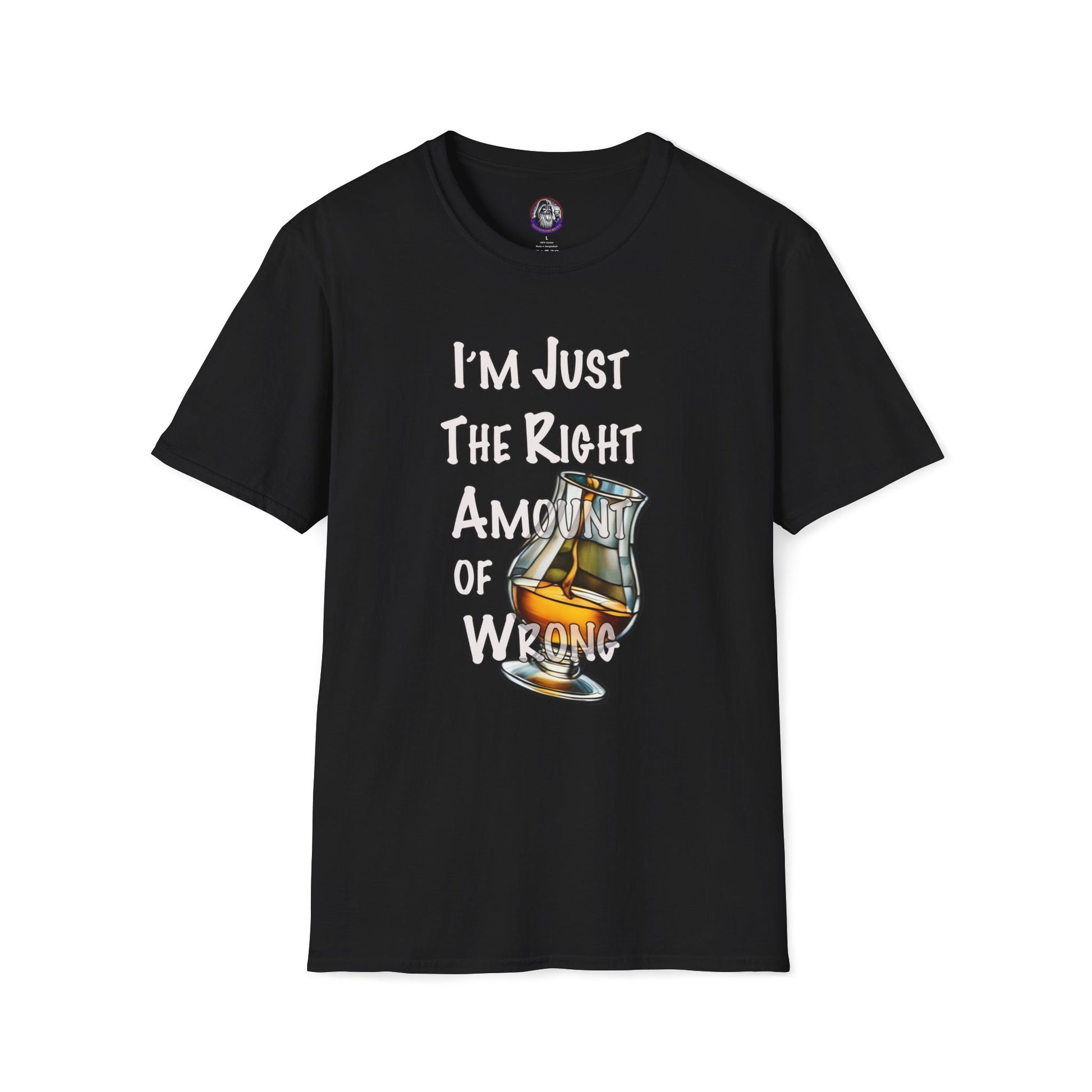 Whiskey Lovers Unisex T-Shirt with 'I'm Just the Right Amount of Wrong' Design