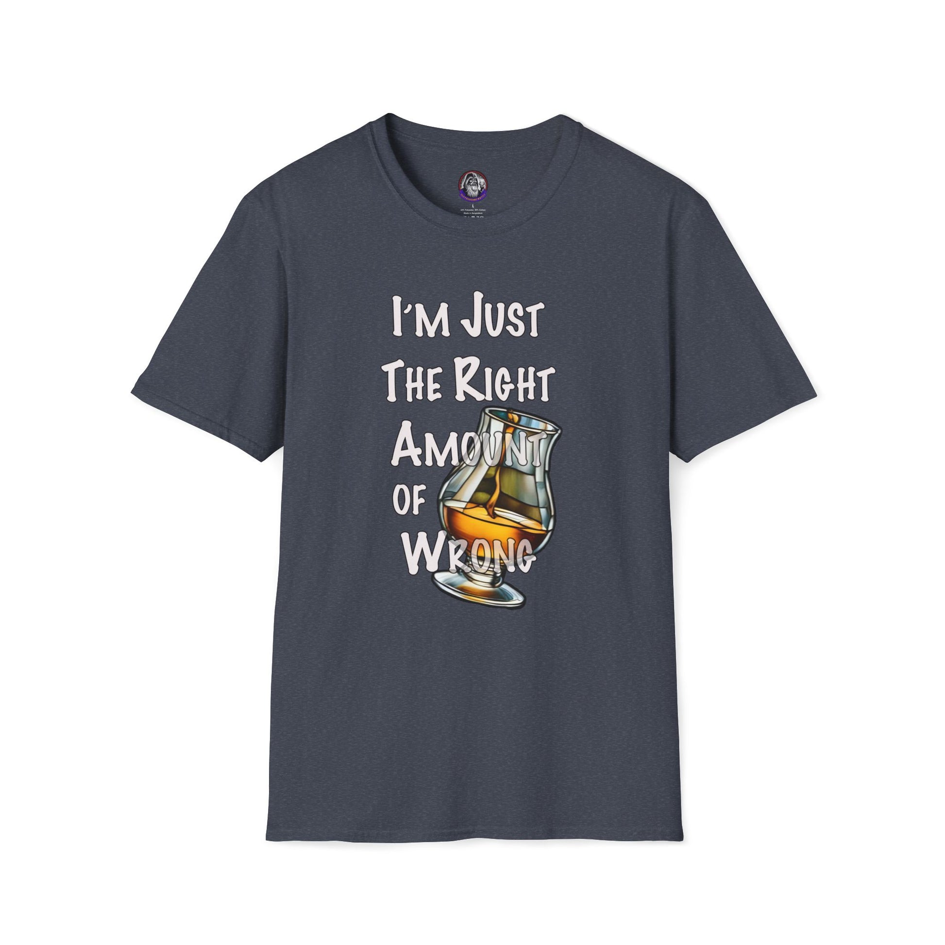 Whiskey Lovers Unisex T-Shirt with 'I'm Just the Right Amount of Wrong' Design