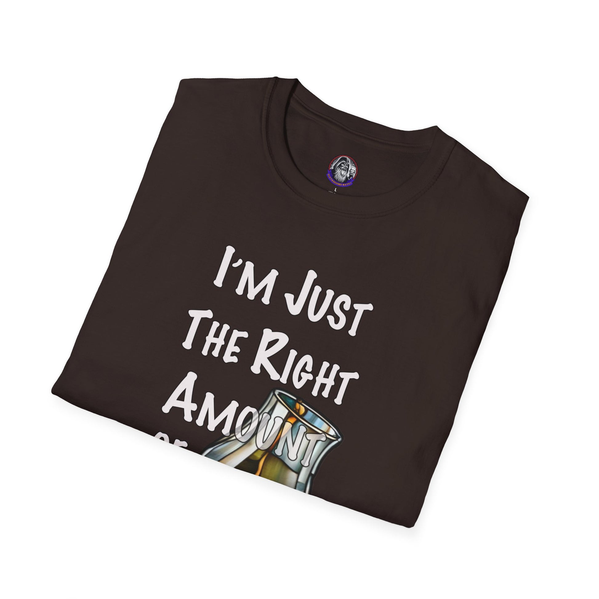 Whiskey Lovers Unisex T-Shirt with 'I'm Just the Right Amount of Wrong' Design