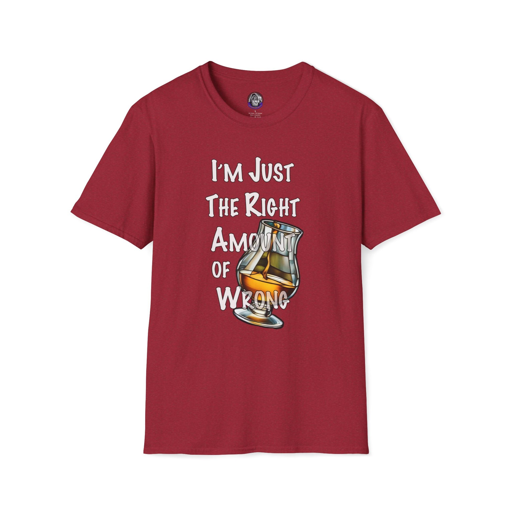 Whiskey Lovers Unisex T-Shirt with 'I'm Just the Right Amount of Wrong' Design