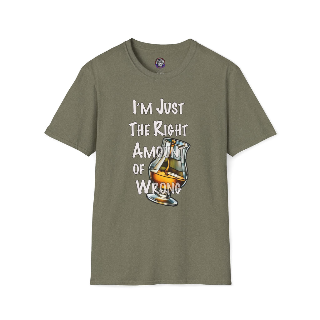 Whiskey Lovers Unisex T-Shirt with 'I'm Just the Right Amount of Wrong' Design