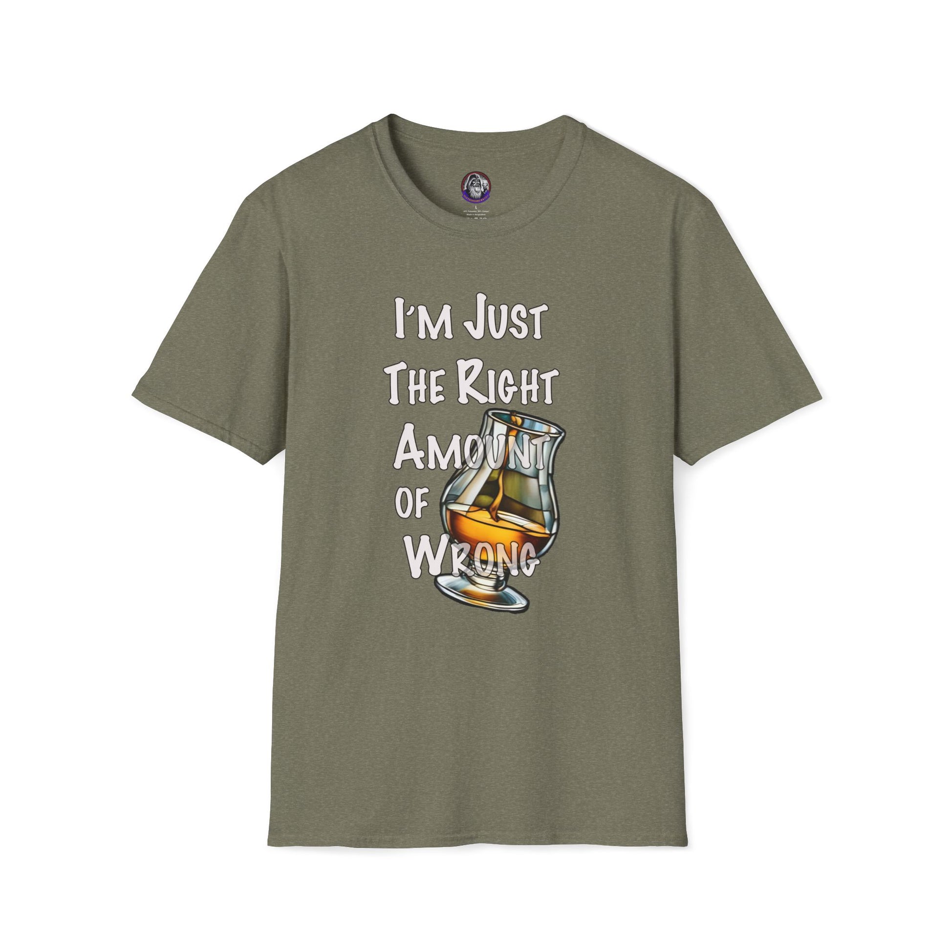 Whiskey Lovers Unisex T-Shirt with 'I'm Just the Right Amount of Wrong' Design